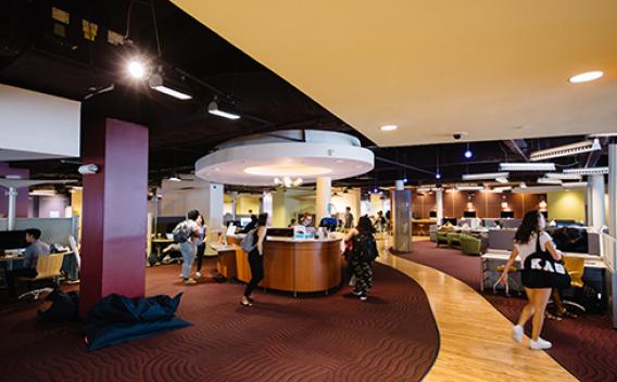 Computing Center at Cox Hall features an inviting open floor plan, soft seating, and a variety of workspaces