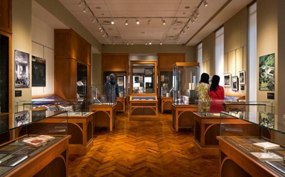 Warm, wooden exhibit space within the Pitts Theology Library