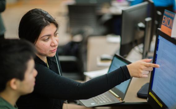 Student and tutor working at a computer workstation