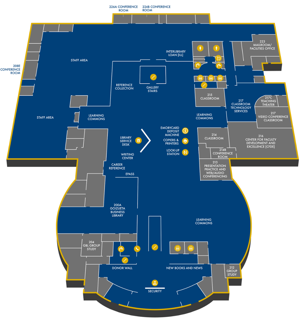 Woodruff Library Level 2 (Entrance, Center for Faculty Development and Excellence (CFDE), Classrooms 214 and 215, Goizueta Business Library, Interlibrary Loan, Learning Commons, Library Service Desk)